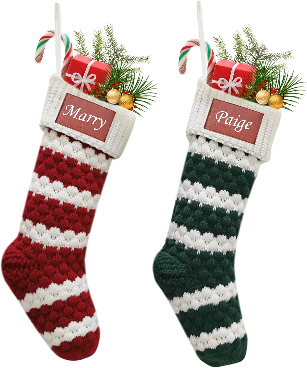 Stockings & Holders - Dreamdecor Personalized Christmas Stockings with Names Monogram, 18” Large Family Knitted Xmas Stocking with Leather Nameplate for Kids, Customized Christmas Stockings for Fireplace Holiday