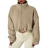 QINSEN Women's Full Zip Fleece Short Jacket Warm Winter Long Sleeve Stand Collar Sherpa Crop Coat