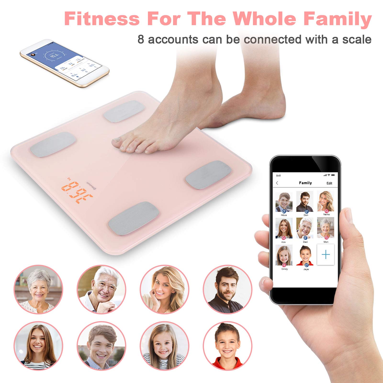 Uten Smart Scale for Body Weight, Digital Bathroom Weighing Wireless Scales with Body Fat and Water Weight for People, Bluetooth BMI Electronic Body Analyzer Machine with Smartphone App, 400lb, Pink