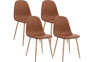 CangLong Washable PU Cushion Seat Back, Mid Century Metal Legs for Kitchen Dining Room Side Chair, Set of 4, Brown