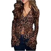 MakeMeChic Women's Leopard Print Tie Front Blouse Ruffle Long Sleeve Y2k Tops