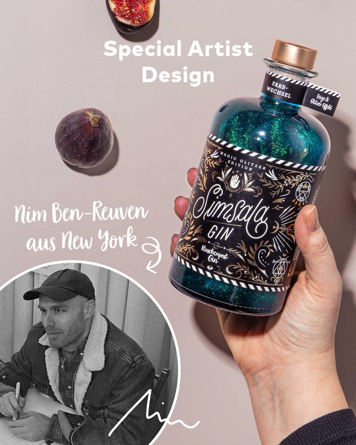 SIMSALA GIN MIT GLITZER by Flaschenpost – Handmade Zauber Gin mit Glitzer & Farbwechsel von blau zu grün verfeinert mit Feige – Limited Edition (0,5 l) 4