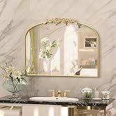Besdomus Antique Arched Gold Mirror: 32"x24" Vintage Bow Wall Vanity Mirror | French Baroque Metal Framed - Traditional Ornate for Living Room/Entryway/Bathroom- Ideal for Guest Bath Remodeling