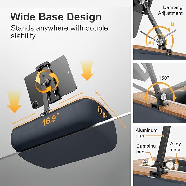 ERGONOV TABLET PILLOW STAND FOR LAP USE,ADJUSTABLE IPAD HOLDER WITH SNACK BOWL,360° ROTATING CLIP FOR 4.7-13″ KINDLE,PHONE,TABLET.IDEAL FOR HANDS-FREE READING AND RELAXATION ON BED,COUCH,RECLINER,GRAY