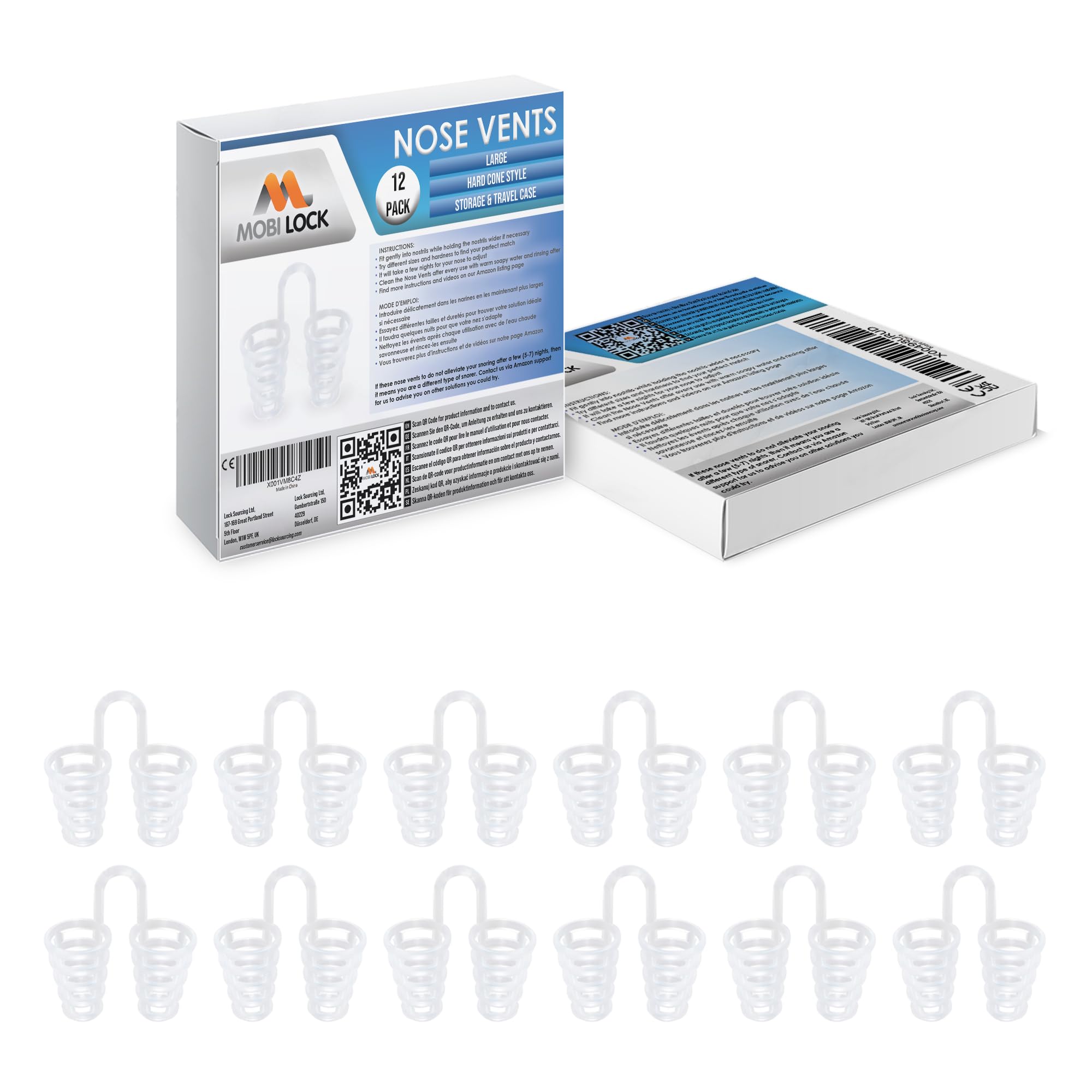 Nose Vent Sinus Relief Dilator (Pack of 12 Large Size) Hard Cone Vents - A Simple Solution for Nasal Snorers - Reusable Snoring Device to Enjoy a Peaceful Night's Sleep - by Mobi Lock