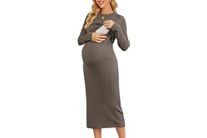 OUGES Women's Wool Blend 2025 Maternity Sweater Nursing Dress Long Sleeve Crew Neck Slim Fit Ribbed Knit Midi Fall Dress