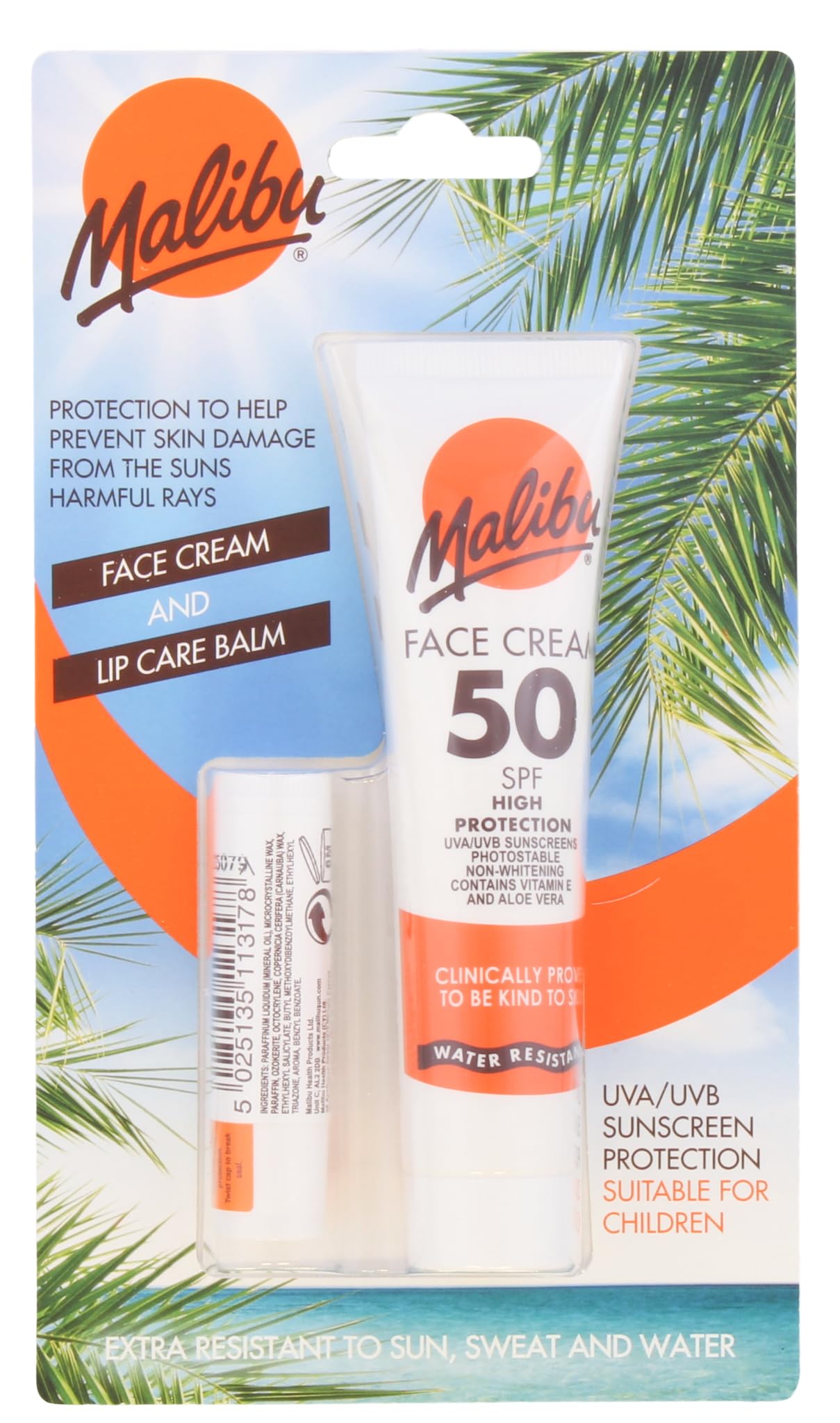 Malibu Sun SPF 50 Face Cream and SPF 30 Lip Balm Duo, High Protection Sun Cream, Water Resistant, Vitamin Enriched, 2 pack