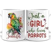 Hyturtle Personalized Gifts Parrot Lover - Just A Girl Who Loves Parrots Custom Name Ceramic Coffee Mug Cup 11oz - Idea Cute Animal Lover Gifts For Women, Girl Daughter On Birthday, Christmas