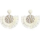 Seakuur Statement Raffia Tassel Earrings Boho Summer Beach Earrings Lightweight Straw Wicker Dangle Drop Earring Trendy Rattan Fringe Jewelry for Women
