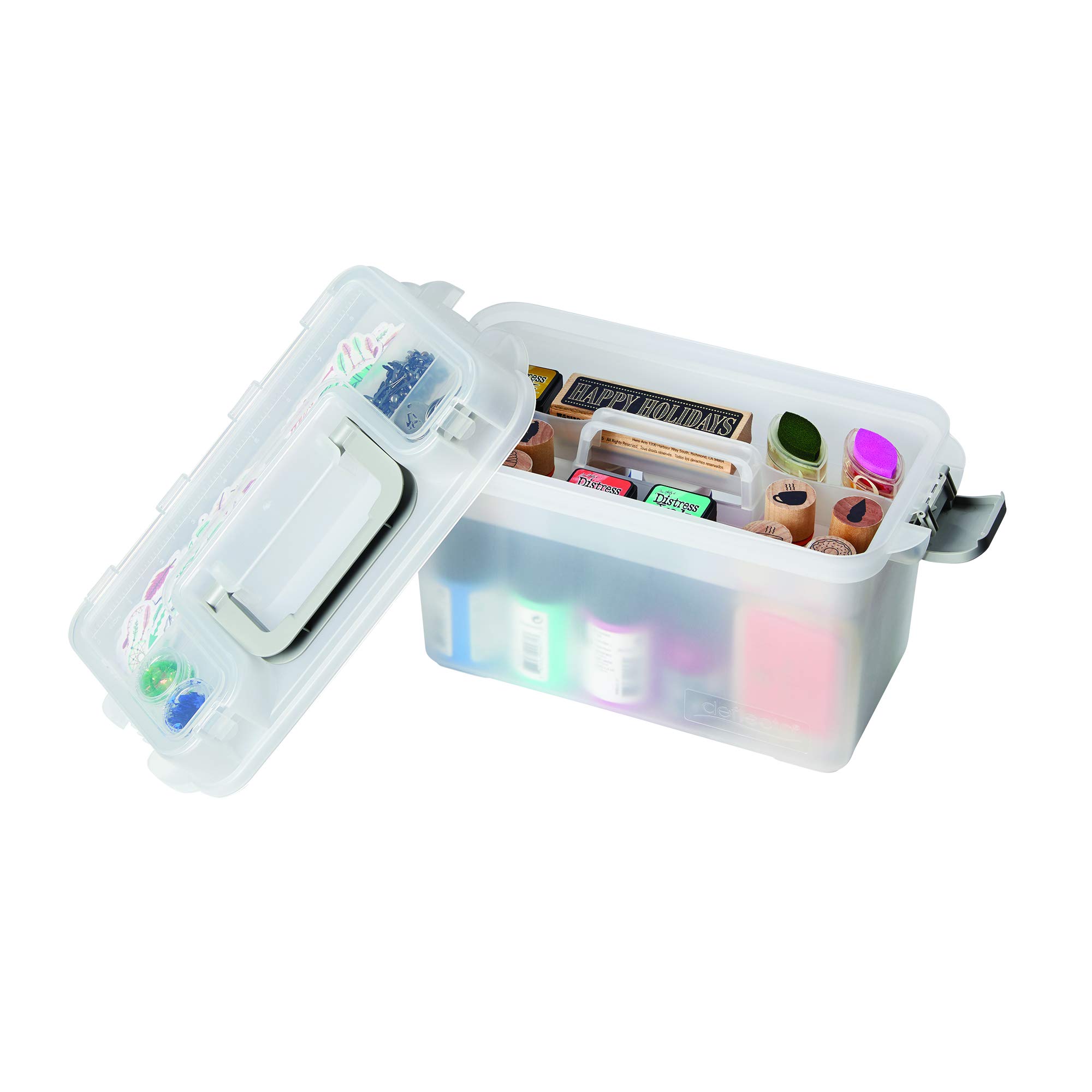 Deflecto | Medium Multi-Compartment Clear Plastic Storage Box with Lift Out Tray & Lid Storage | Portable Craft Storage for Pens, Pencils & Accessories