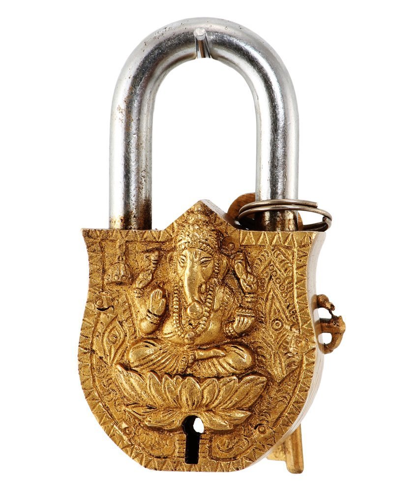 Purpledip Handmade Brass Antique Lock with Ganesh (10005)