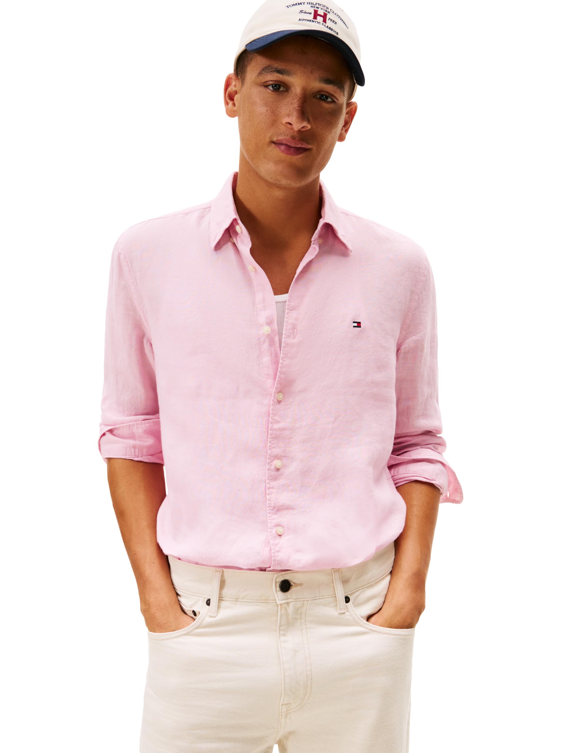 Tommy Hilfiger Men’s Pigment Dyed Linen Regular Long Sleeve Shirts, Classic Pink Large