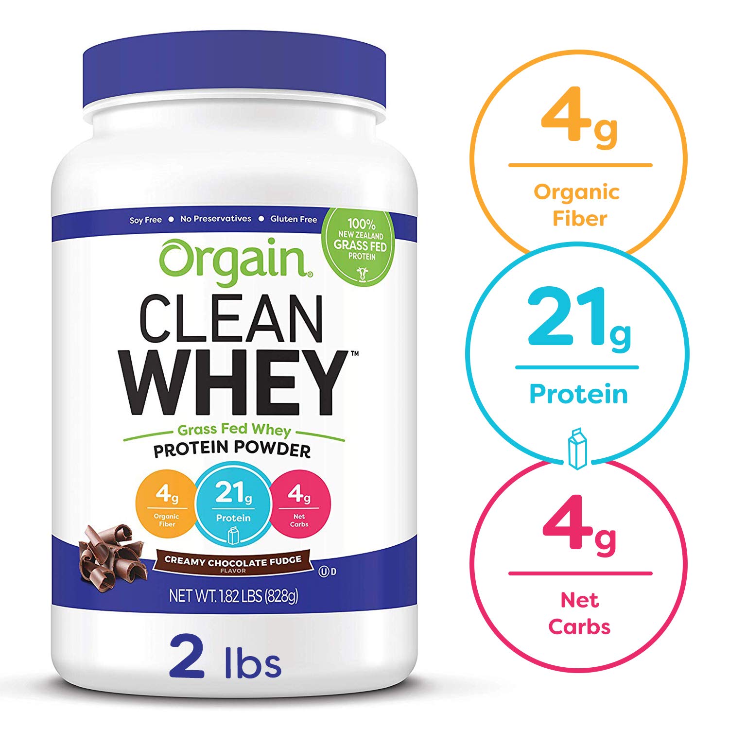 Orgain Grass Fed Clean Whey Protein Powder, Creamy Chocolate Fudge 1.82