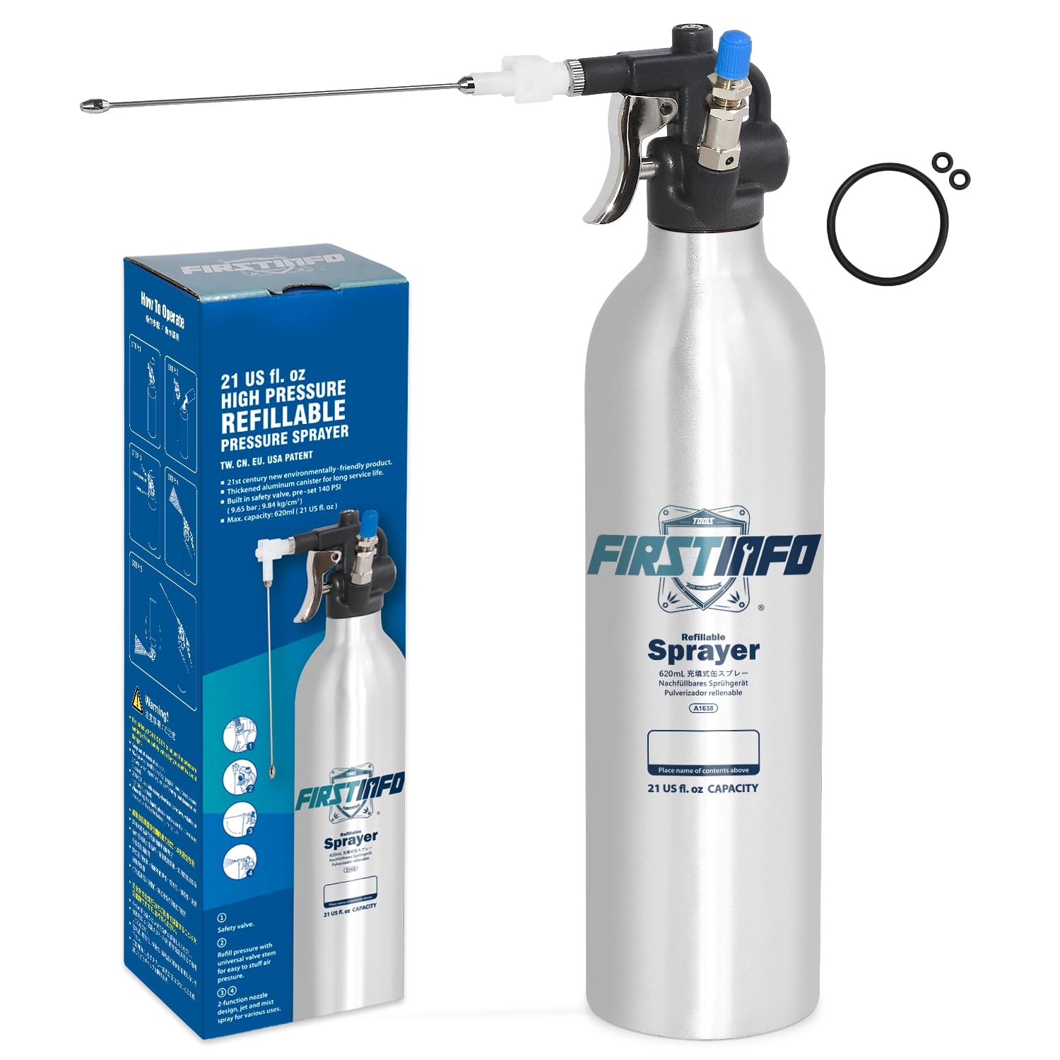 Photo 1 of FIRSTINFO A1638 (3rd Gen) Patented Lightweight Max. Pressure 140psi / 620ml Thickened Aluminum Canister Refillable Aerosol Spray Can | Compressed Air Sprayer | Wide Mist Spray