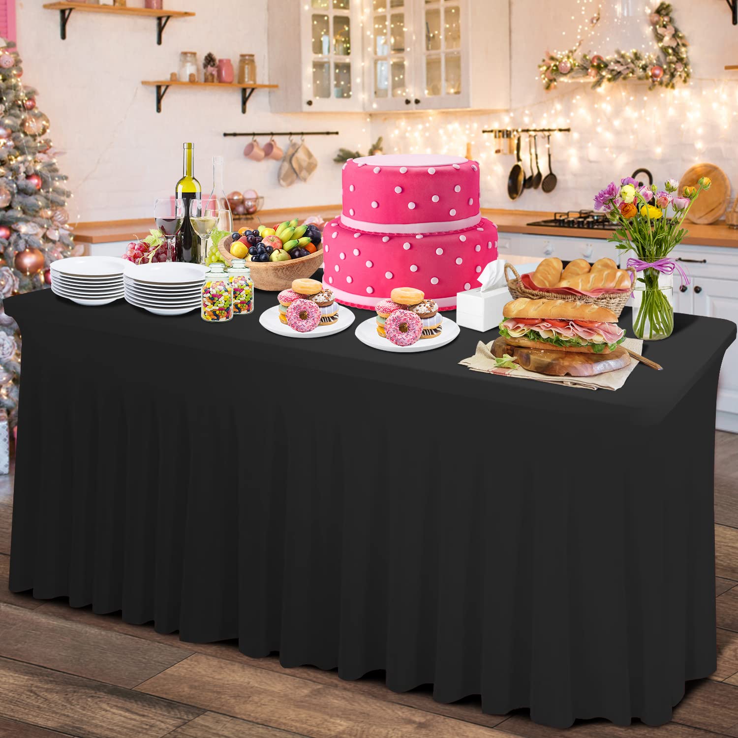 Rinpon Thick 2 in 1 Spandex Table Skirt and Table Cover 6ft,Rectangle Fitted Tablecloth with Pleated Skirt,Wrinkle Free Rectangular Table Cloth for Banquets Vendor Event (Black, 72"*30"*29",2Pack)