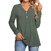 BISHUIGE Womens Button Up T-Shirts Long Sleeve Henley Tunic Tops V-Neck Casual Sweatshirt