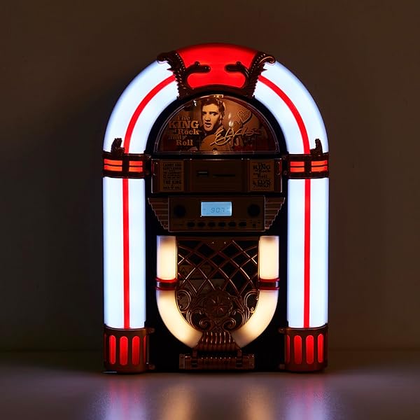ARKROCKET ATHENA MINI JUKEBOX/TABLETOP CD PLAYER/BLUETOOTH SPEAKER/RADIO/USB AND SD CARD PLAYER WITH RETRO LED LIGHTING SYSTEM (BLACK GOLDEN)