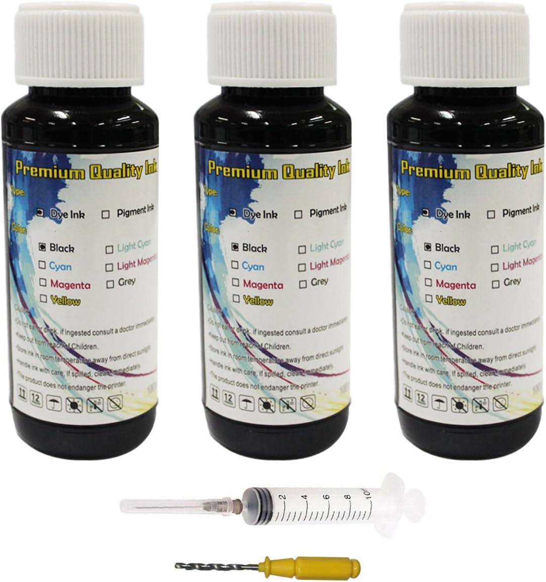 HOTCOLOR 3x100ml Black Refill Ink Kit with Syringes for 61