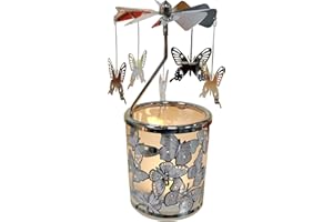kingnero Carousel Candle Rotary Candle Holder Spinning Candleholder Metal Tea Light Candlestick for Home Decor (Silver Butterfly)