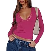 ZREQV Women's Long Sleeve Crop Tops Sexy V Neck Trim Lace Tees Y2K Spring Fashion Slim Fitted T Shirts Going Out Tops