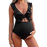 BEAUDRM Women's Maternity Solid Hollow Out Ruffle Trim Tie One Piece Swimsuit Y2K Cut Out Bathing Suits Swimwear