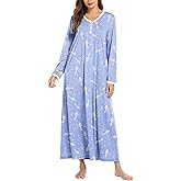 Ekouaer Women's Long Sleeve Nightgown Full Length Sleepwear Long Sleepshirts Henley Sleep Dress S-4XL