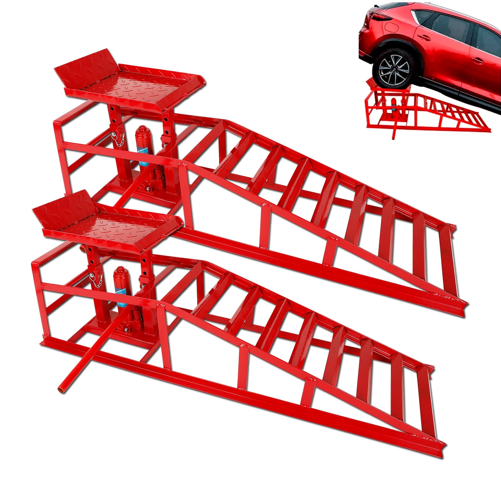 Photo 1 of 2 Pack Auto Car Truck Service Ramps, 5 Ton Low Profile Hydraulic Car Ramps, Car Lift Service Ramps Red
