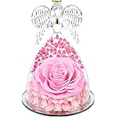 Valentines Day Rose Gifts for Her Women Mom Birthday Flowers for Delivery Preserved Flowers Forever Eternal Rose in Glass Angel Figurine, Valentine Gifts for Women Her Daughter Wife Girlfriend, Pink