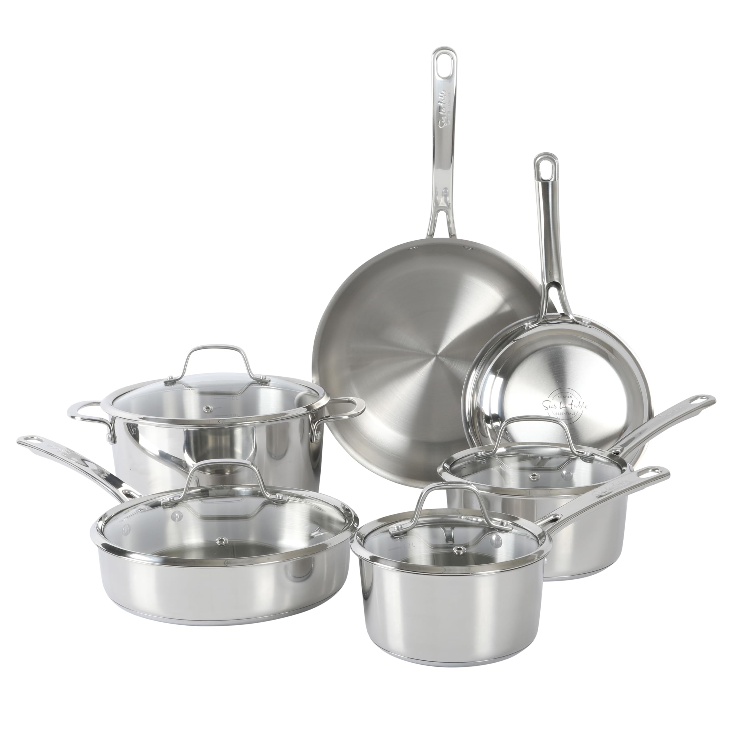 Sur La Table Kitchen Essentials Chef’s Deck 10 Piece Stainless Steel Non Toxic Pots and Pans Kitchen Cookware Set w/Triply Encapsulated Base – Induction Safe