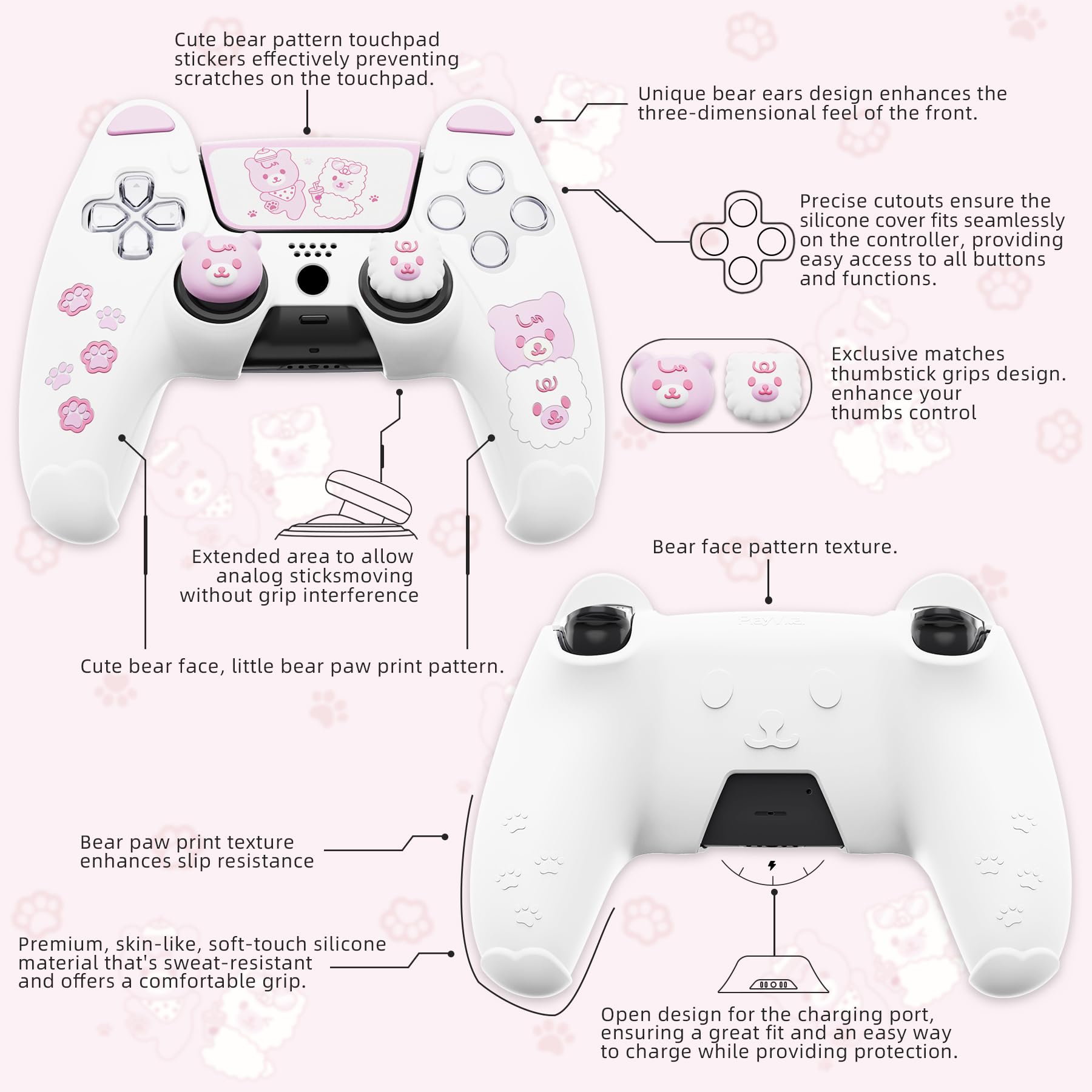 PlayVital Cute Bear Controller Silicone Case for ps5, Kawaii Controller Cover Compatible with Charging Station, Gamepad Skin Protector for ps5 with Touch Pad Sticker & Thumb Grips - White & Pink