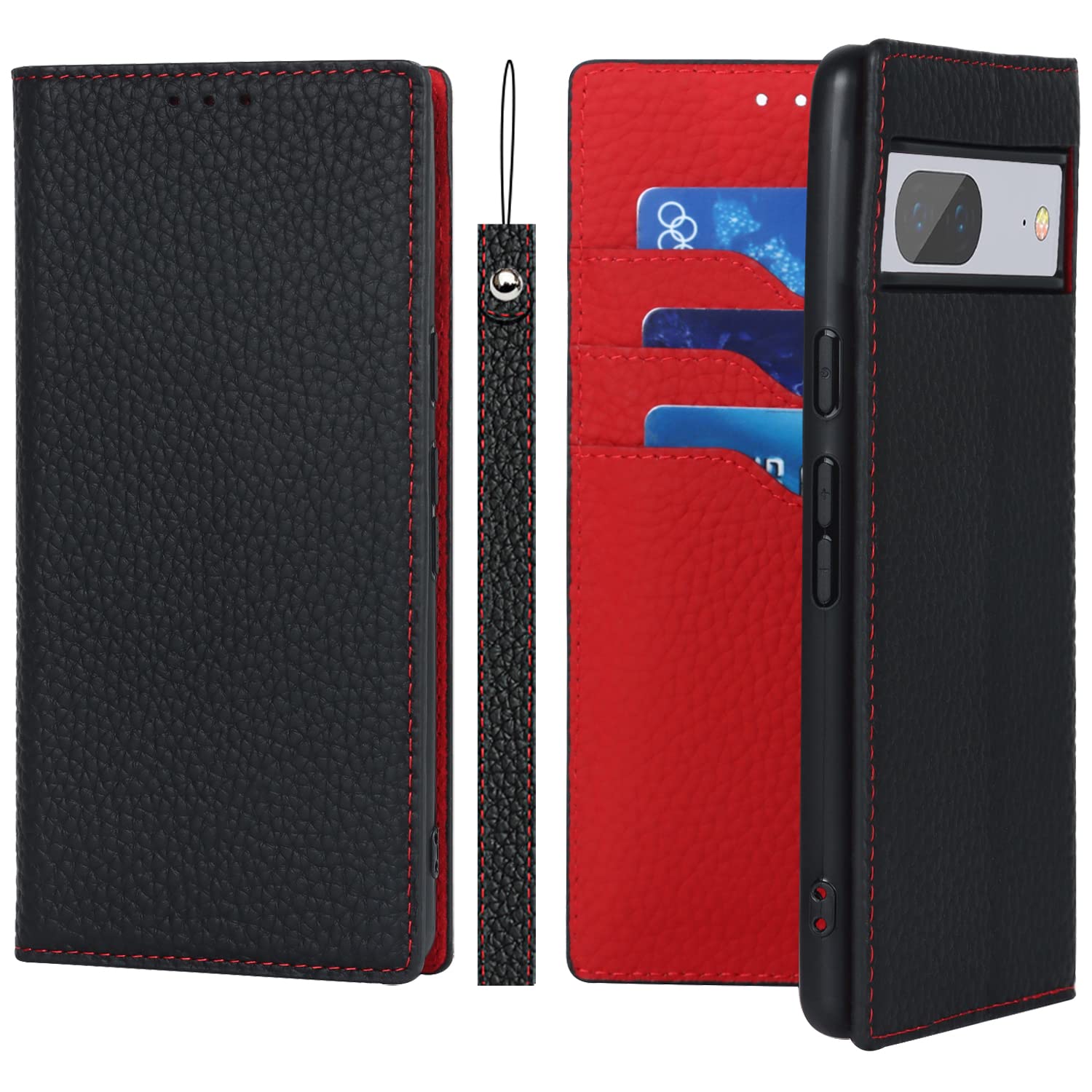 Cavor Phone Case compatible with Google Pixel 7,Flip Genuine Leather Wallet Case,[3 Card Holders][Magnetic][RFID-Blocking][Mit Lanyard],Protective Case Cover - Black — image 1