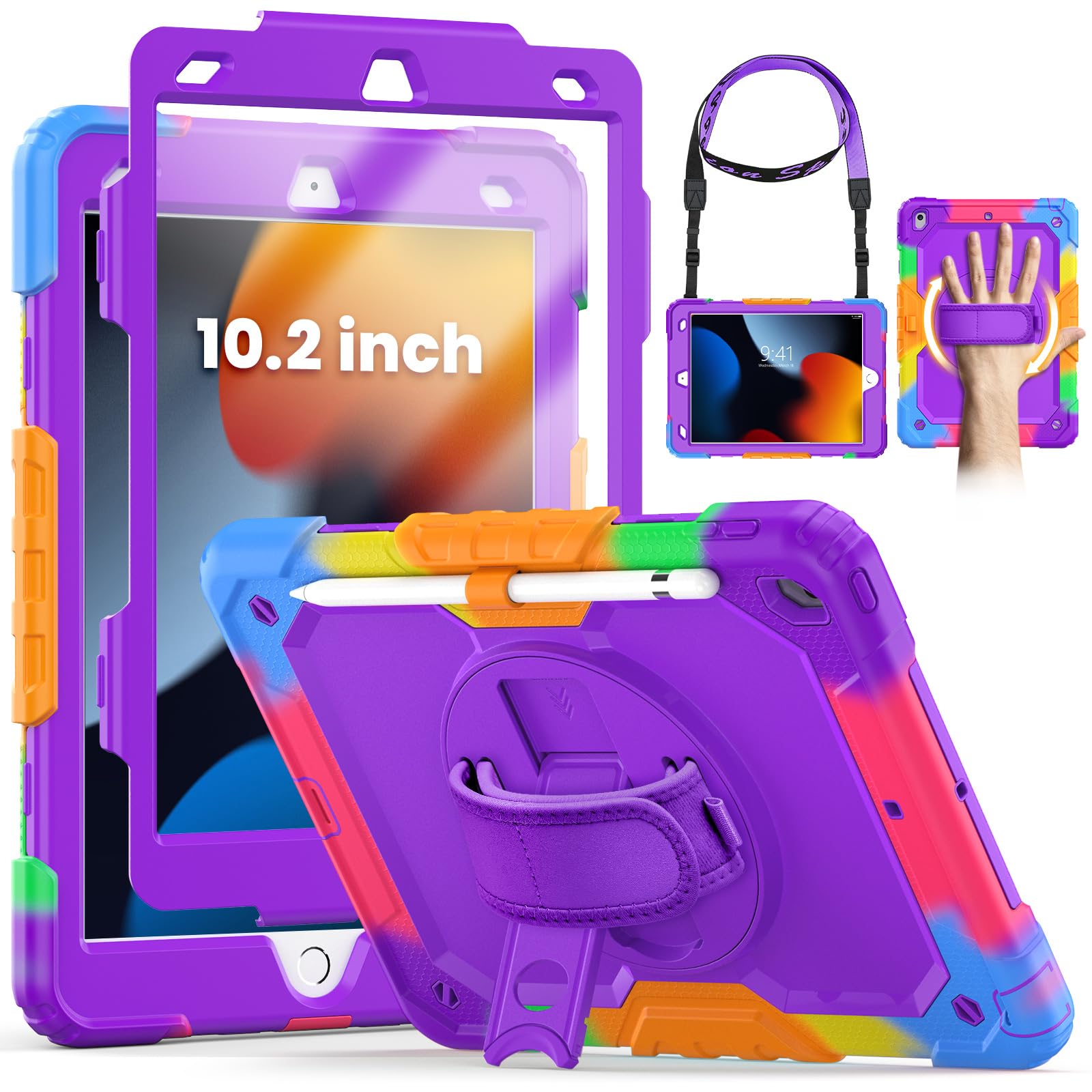 SEYMCY for iPad 9th/8th/7th Generation Case Kids 10.2 inch, Shockproof Sturdy with Rotating Hand Strap & Stand, Screen Protector, Shoulder Strap, Pen Holder for iPad Cover 2021~2019, Purple — image 1