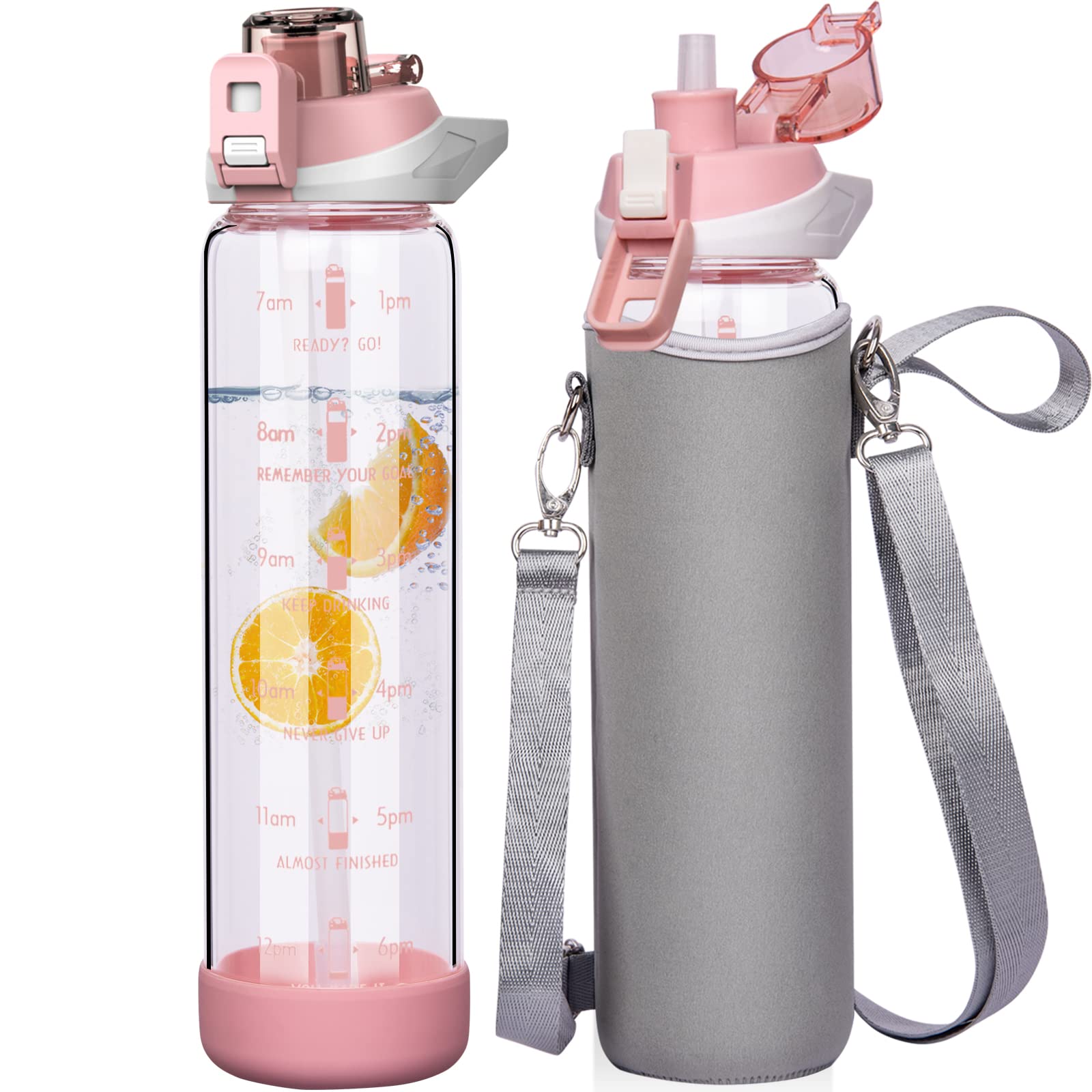 Seekua 1l Large Glass Water Bottle with Straw & Time Markings 1 litre Big Motivational Glass Drinking Bottle BPA free Leakproof