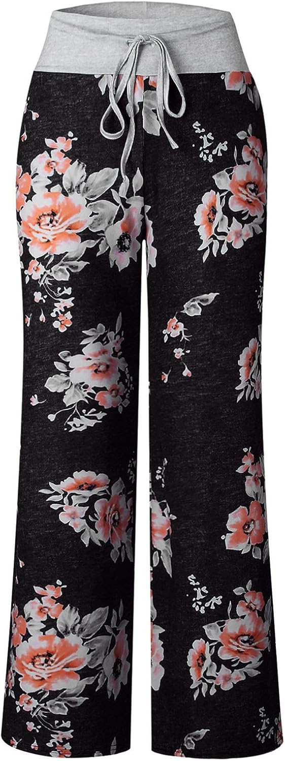 AMiERY Women's Comfy Casual Pajama Pants Floral Print Drawstring Palazzo Lounge Pants Wide Leg at  Women’s Clothing store