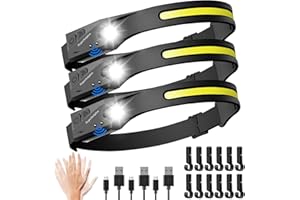 HYPERDOLPHIN (3-Pack) Headlamp Rechargeable, LED Waterproof Headlight for Adults, 230° headband light forehead, Motion Sensor, USB head lamp band, 350 Lumen Super Bright, 5 Modes, Comfortable for Running,Fishing