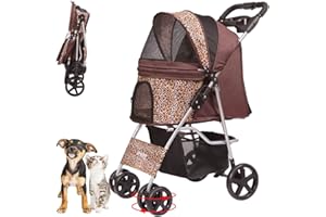 LPOTIUS Pet Stroller, Cat Dog Stroller for Medium Small Dog with Storage Basket Foldable Lightweight Dog Carrier Trolley, 4 Wheel, Leopard