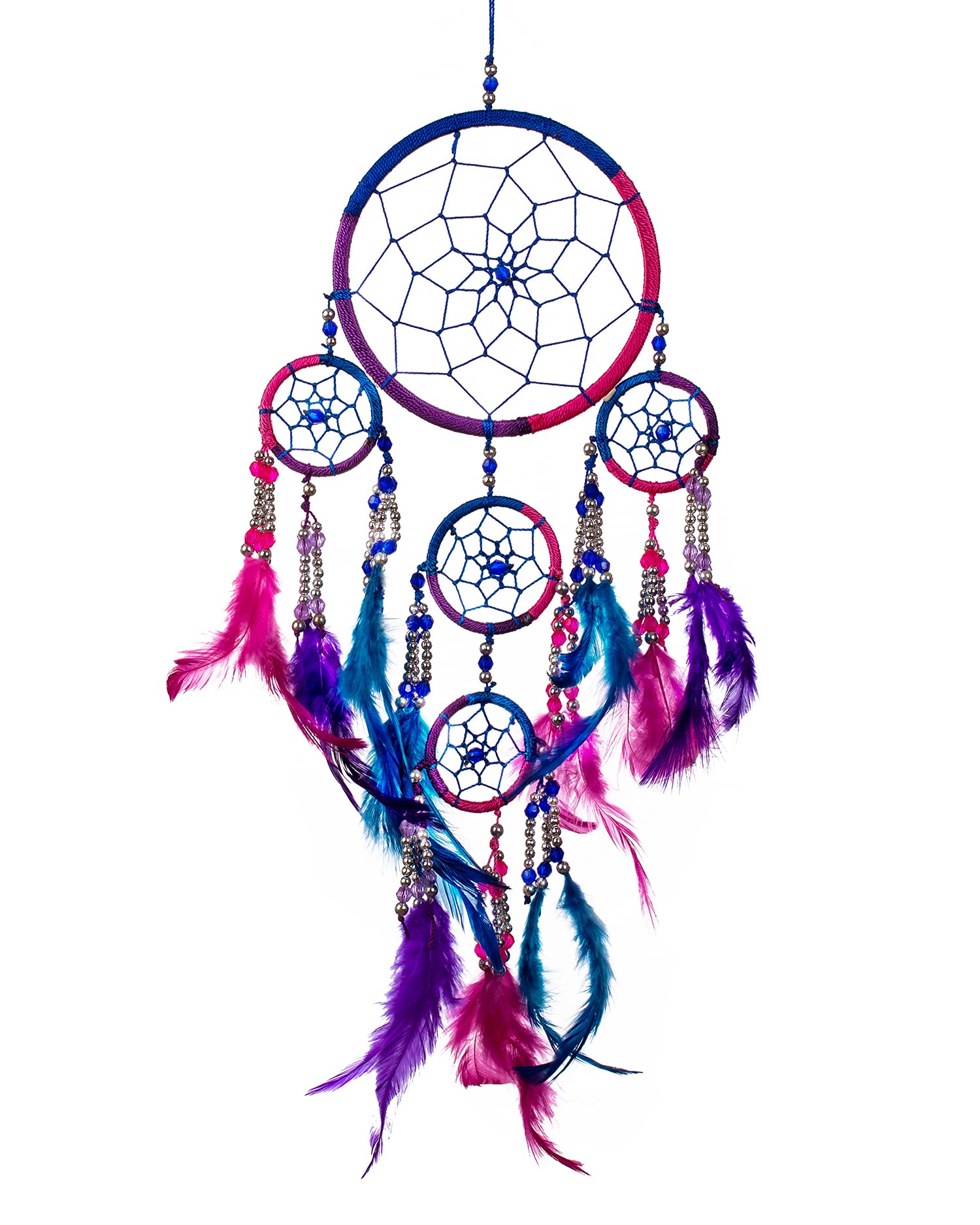 Pink Pineapple Small Handmade Bohemian Dream Catcher Ethical Hanging Dreamcatcher Wall Art with Royal Blue, Pink and Purple Feathers and Silver Beads with Traditional Crochet Design (12x35 CM)