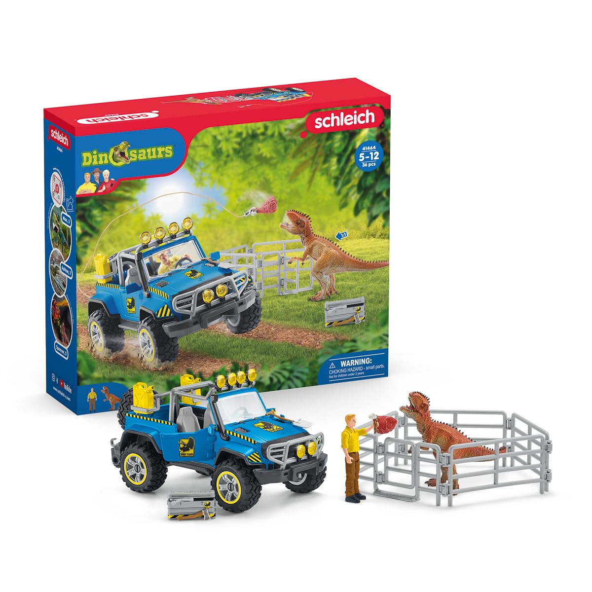 SCHLEICH Dinosaurs | Geländewagen mit Dino-Außenposten 41464 | Spielset aus einem Gigantosaurus, Forscher Luis & Zubehör | Geschenk für Kinder | Dinosaurier Spielzeug ab 5 Jahren | Set aus 36 Teilen
