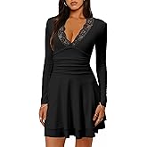 HYPERFIRE Women's Ruched Lace V Neck Long Sleeve Mini Dress Flowy Short Dresses Party Club