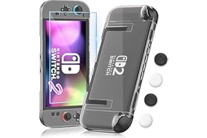 RHOTALL Slim Clear Case for Nintendo Switch 2 2025, Hard PC Crystal Protective Dockable Transparent Shell Cover with Tempered Glass Screen Protector for Switch 2 7.9 Inch, 4 Thumb Caps