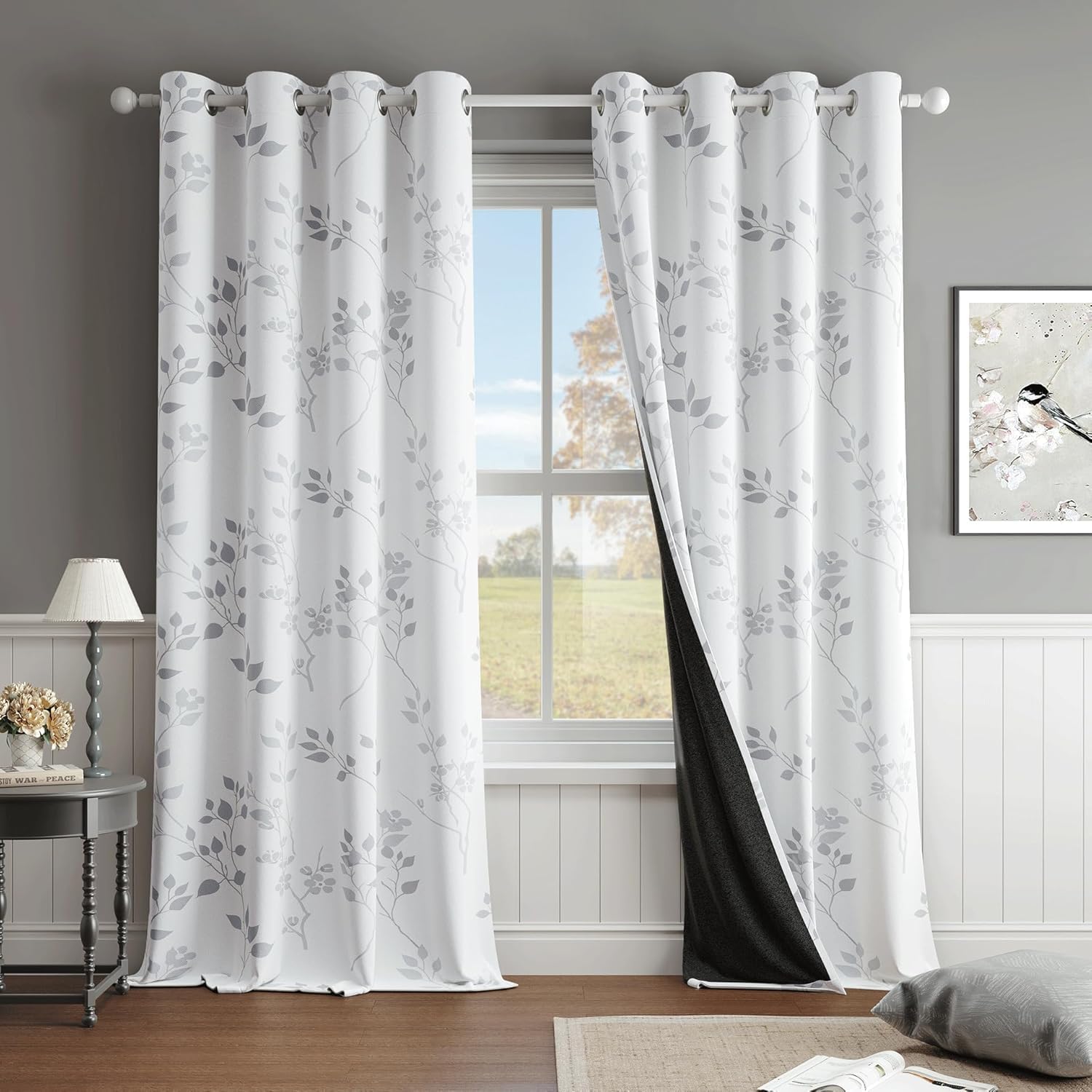 Beauoop Grey Floral Blackout Curtains for Living Room Bedroom 90 Inch Drop Leaf Print White Eyelet Curtain Botanical Thermal Insulated Noise Reducing Window Curtain Drapes 2 Panels