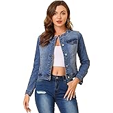 Allegra K Women's Denim Jacket Collarless Round Neck Button Down Long Sleeve Jean Jackets