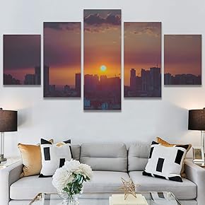 SIGNWIN 5 Panel Canvas Wall Art Cityscape Sunset...