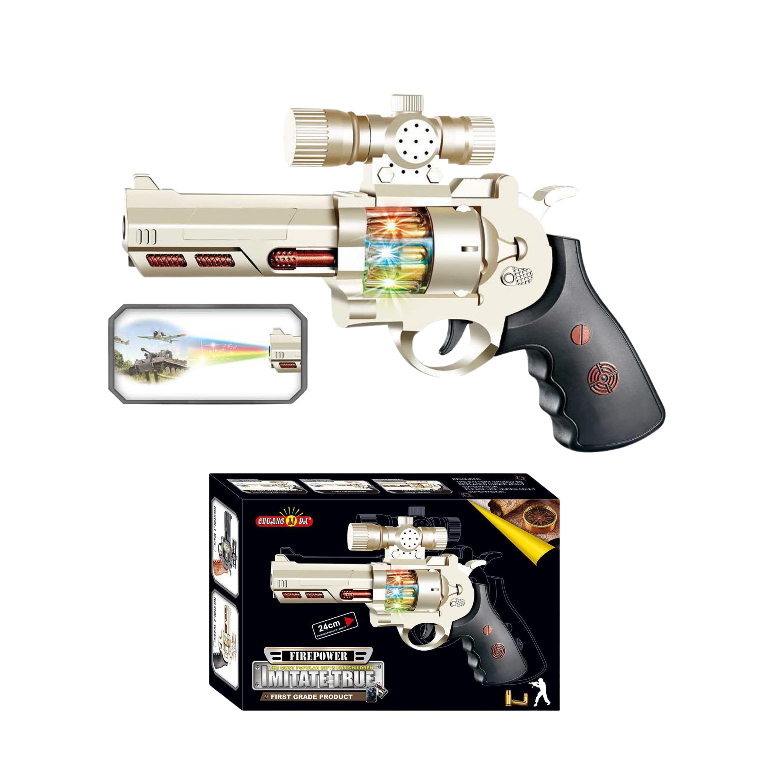 Toy Gun for kids great for Police Costume accessories, Army Soldier Military fancy dress pretend. This durable plastic toy Gun Pistol emits ounds lights, movement & projects images for hours of fun