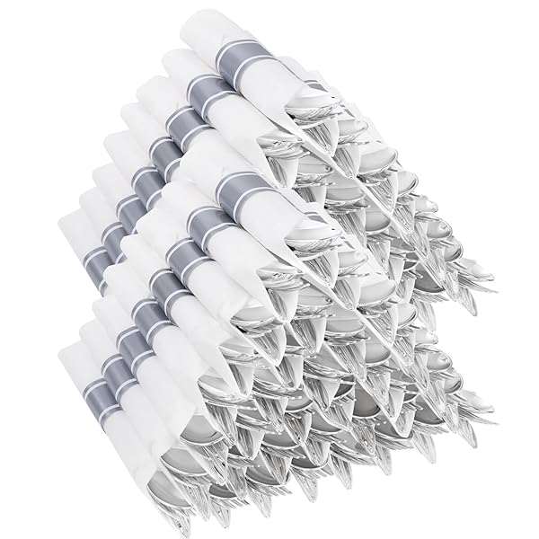 JOYIDO 100PACK WRAPPED SILVER PLASTIC SILVERWARE SETS –...