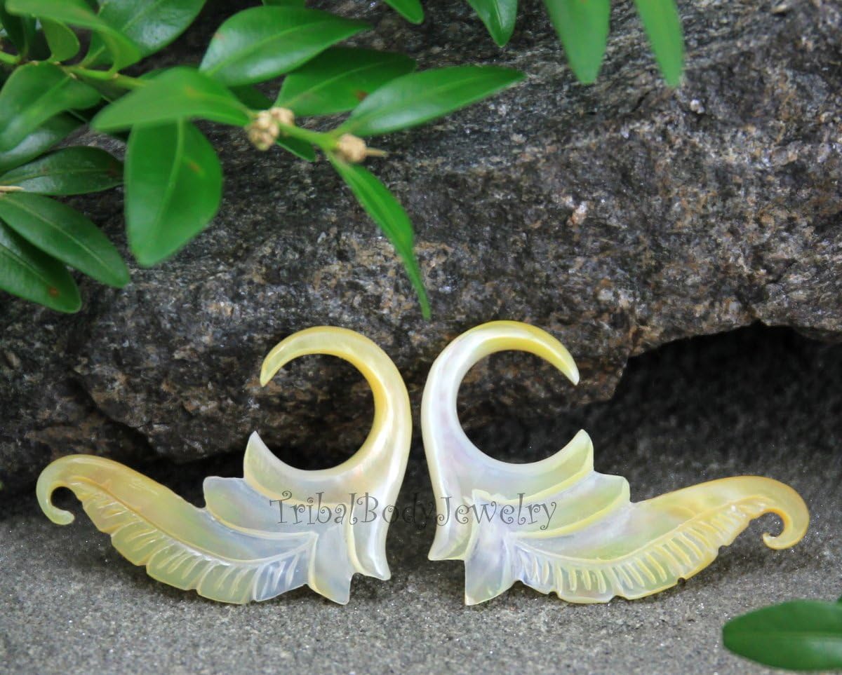 1ga One Gauge Plugs Tunnels Stretch Ears Golden Mother of Pearl Shell Stretcher Organic Earrings, Tribal Body Jewelry