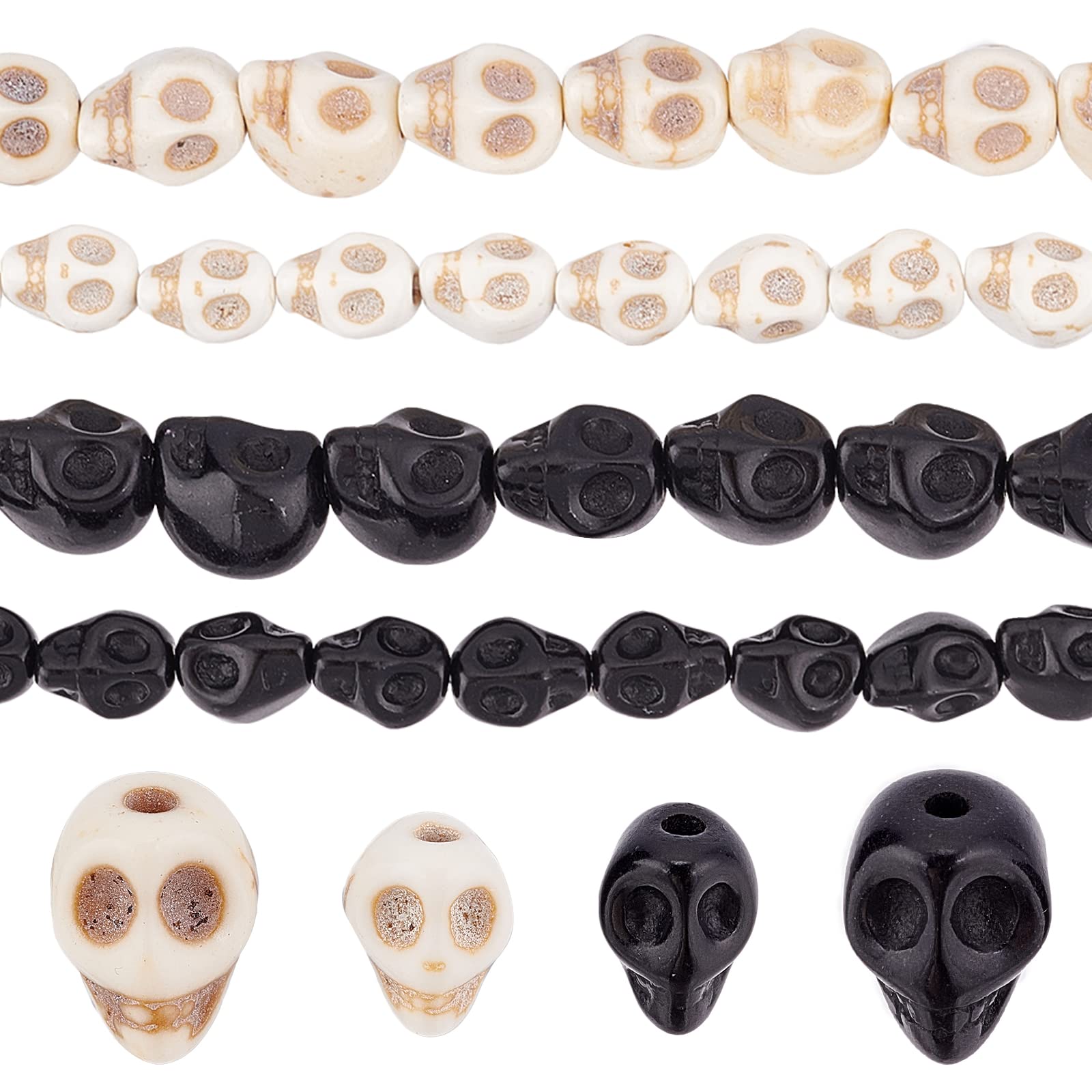 SUNNYCLUE 1 Box 4 Strands 180pcs Halloween Skull Beads Synthetic Turquoise Mini Skull Heads for Crafts Black White