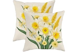 Daffodil Throw Pillow Covers Set of 2, Spring Floral Yellow Flower Leaf Spring Yellow Soft Velvet Washable Pattern Pillow Cov