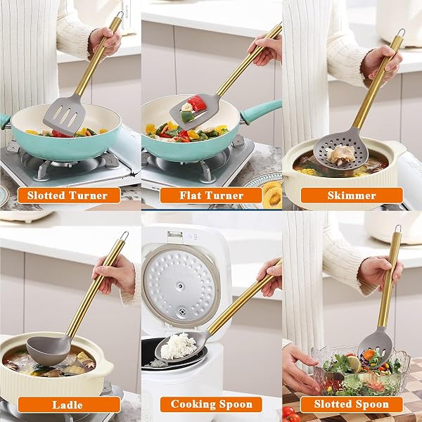 GOLD KITCHEN UTENSILS SET, KYRATON 38 PIECE SILICONE KITCHEN COOKING UTENSILS SET WITH UTENSIL RACK, SPOON SPATULA SET, NON-STICK KITCHEN GADGETS, DISHWASHER SAFE