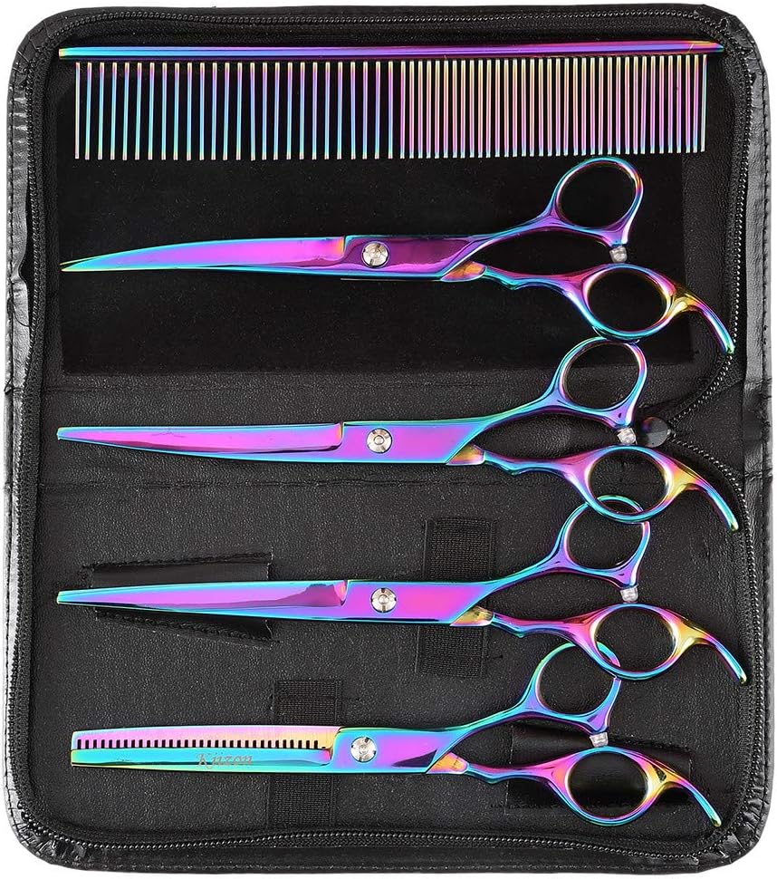 7 Inchs Professional Dog Grooming Scissors Set Tool- Sharp and Strong Stainless Steel Blade-Haircutting Thinning Straight Cured Shears Kit - for Cat and More Pet(Rainbow) (7 inch scissors Kit)
